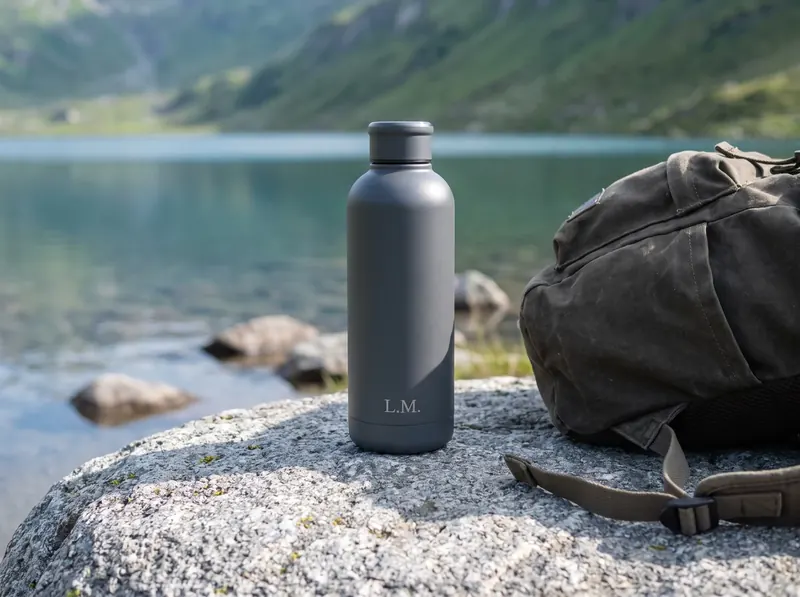 Eine gravierte Trinkflasche neben einem Rucksack an einem Alpensee.